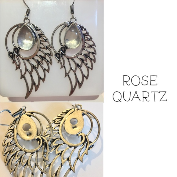 Rose Quartz Gemstone Angel Wings Dangle Earrings - Picture 3 of 3